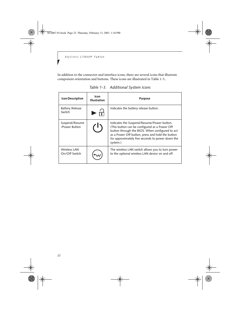 Table 1-3. additional system icons | FUJITSU LT800P User Manual | Page 24 / 102