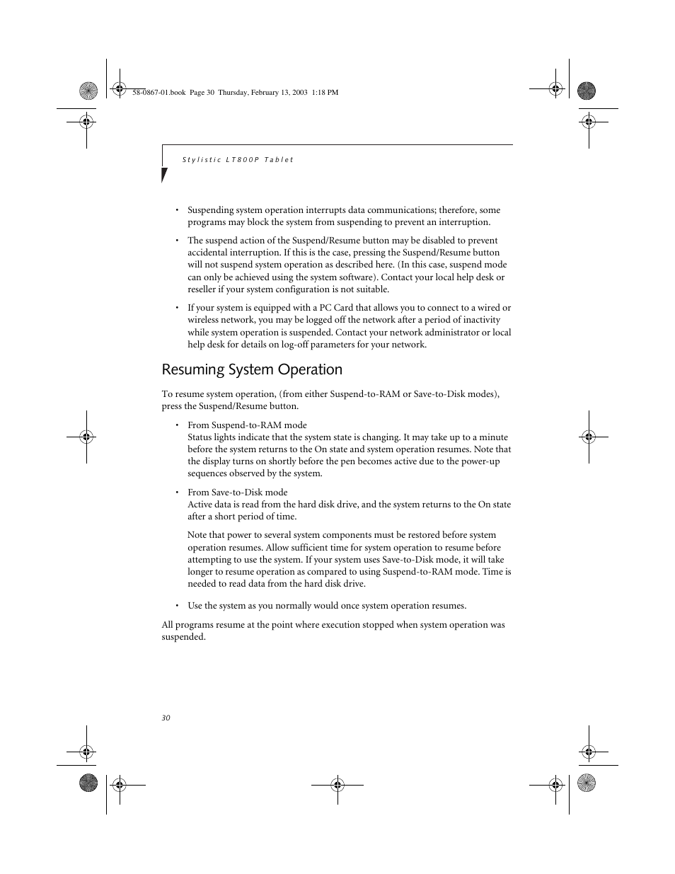 Resuming system operation, Resuming system operation 2 | FUJITSU LT800P User Manual | Page 32 / 102