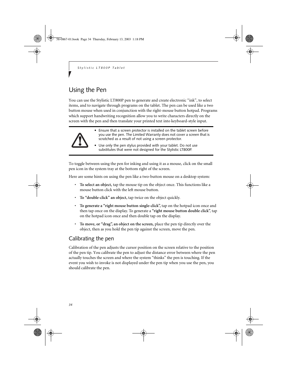 Using the pen, Calibrating the pen, Using the pen 2 | Calibrating the pen 2 | FUJITSU LT800P User Manual | Page 36 / 102