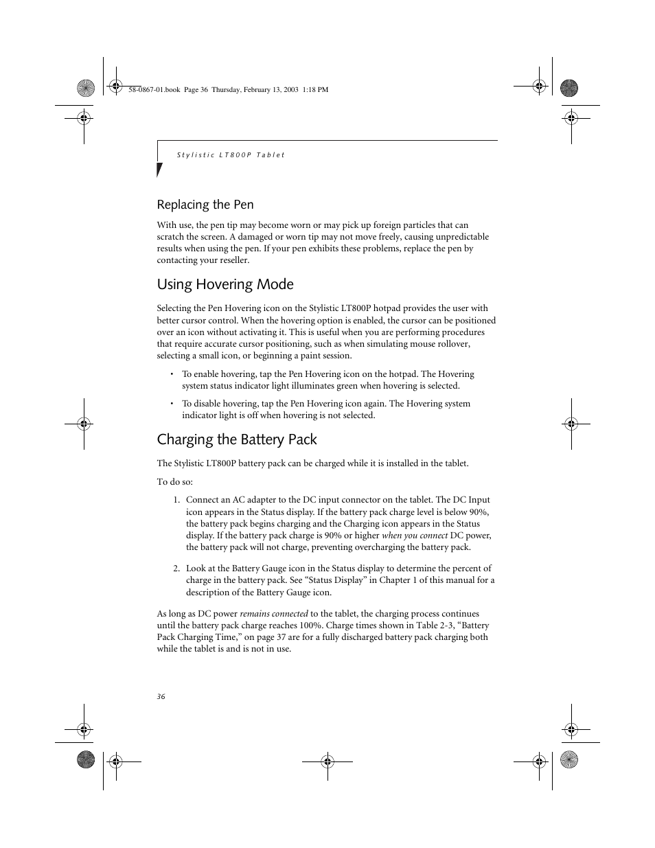 Replacing the pen, Using hovering mode, Charging the battery pack | Using hovering mode 2, Charging the battery pack 2 | FUJITSU LT800P User Manual | Page 38 / 102