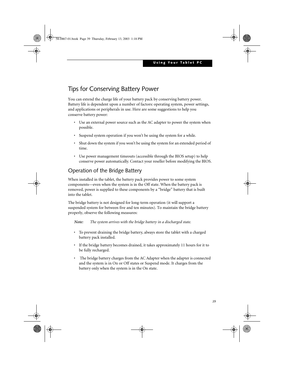 Tips for conserving battery power, Operation of the bridge battery, Tips for conserving battery power 2 | Operation of the bridge battery 2 | FUJITSU LT800P User Manual | Page 41 / 102