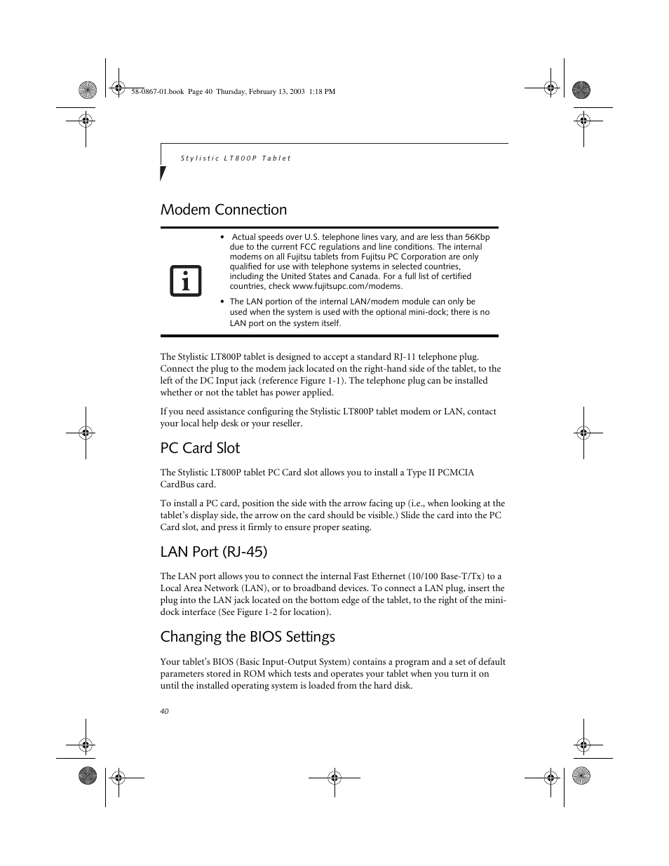 Modem connection, Pc card slot, Lan port (rj-45) | Changing the bios settings, Modem connection 2, Pc card slot 2, Lan port (rj-45) 2, Changing the bios settings 2 | FUJITSU LT800P User Manual | Page 42 / 102