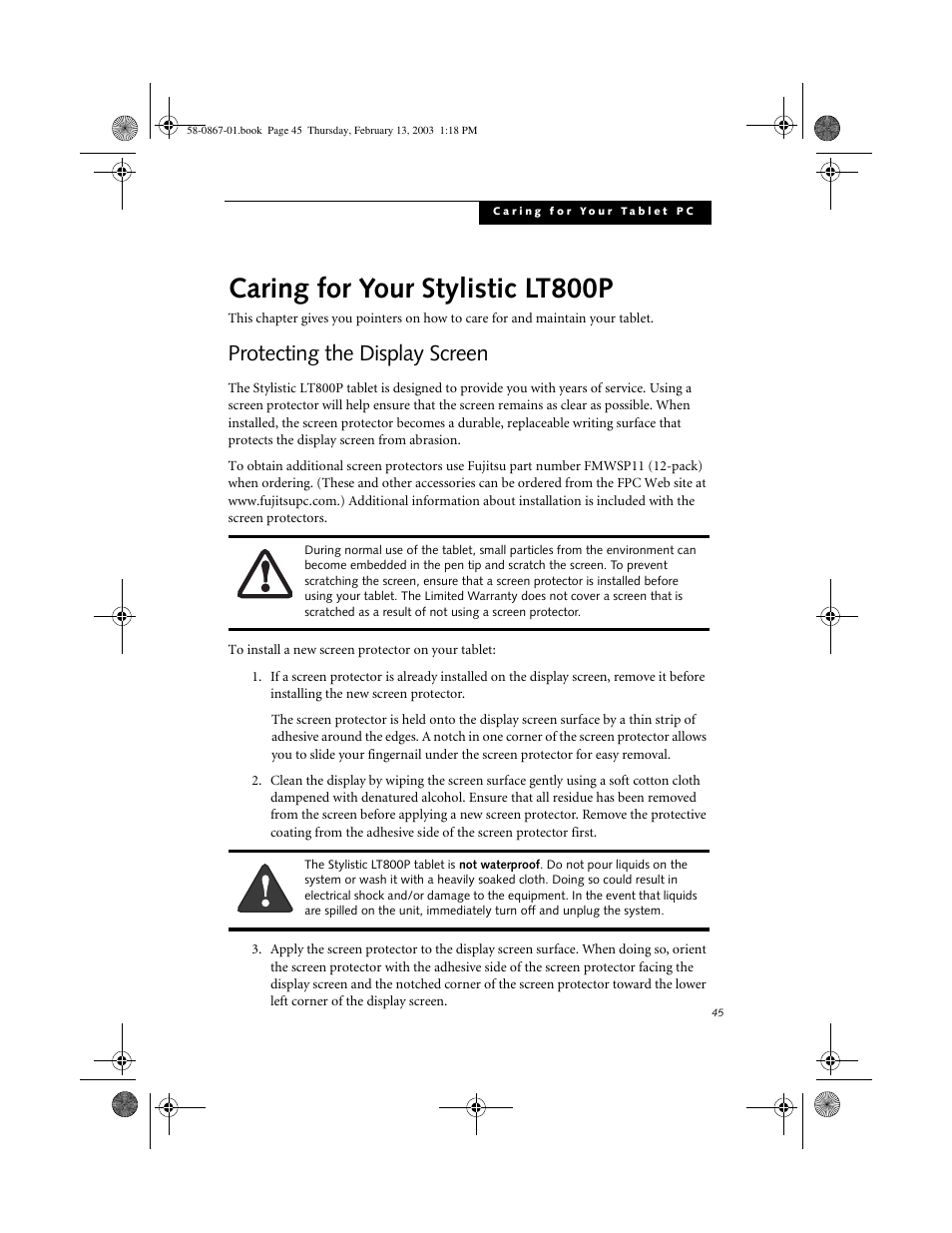 Protecting the display screen, Caring for your stylistic lt800p, Protecting the display screen 2 | FUJITSU LT800P User Manual | Page 47 / 102