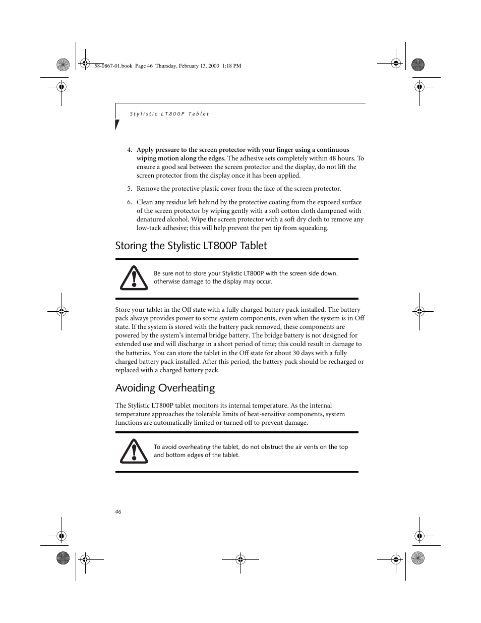 Storing the stylistic lt800p tablet, Avoiding overheating, Storing the stylistic lt800p tablet 2 | Avoiding overheating 2 | FUJITSU LT800P User Manual | Page 48 / 102