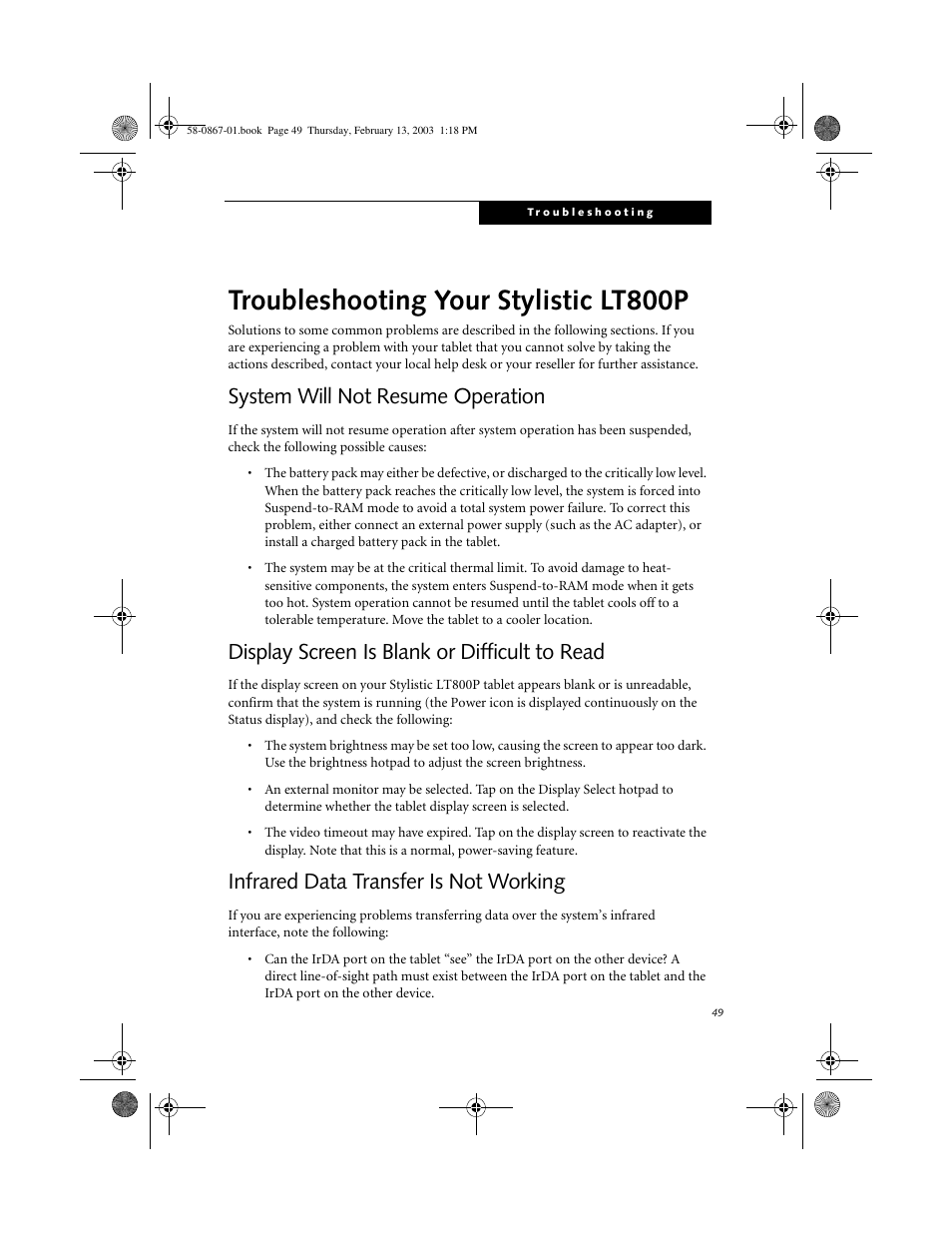 System will not resume operation, Display screen is blank or difficult to read, Infrared data transfer is not working | Troubleshooting your stylistic lt800p, System will not resume operation 2, Display screen is blank or difficult to read 2, Infrared data transfer is not working 2 | FUJITSU LT800P User Manual | Page 51 / 102