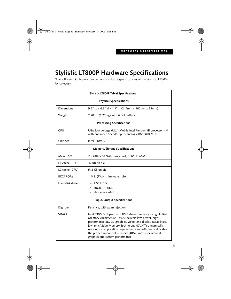 Stylistic lt800p tablet specifications, Stylistic lt800p hardware specifications | FUJITSU LT800P User Manual | Page 55 / 102