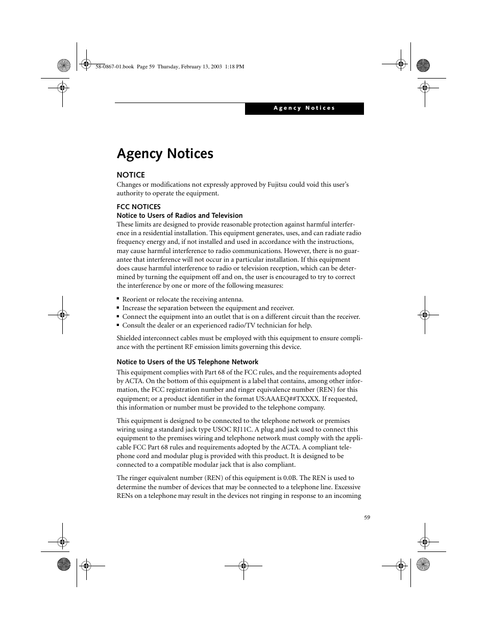 Notice, Fcc notices, Notice to users of the us telephone network | Agency notices | FUJITSU LT800P User Manual | Page 61 / 102