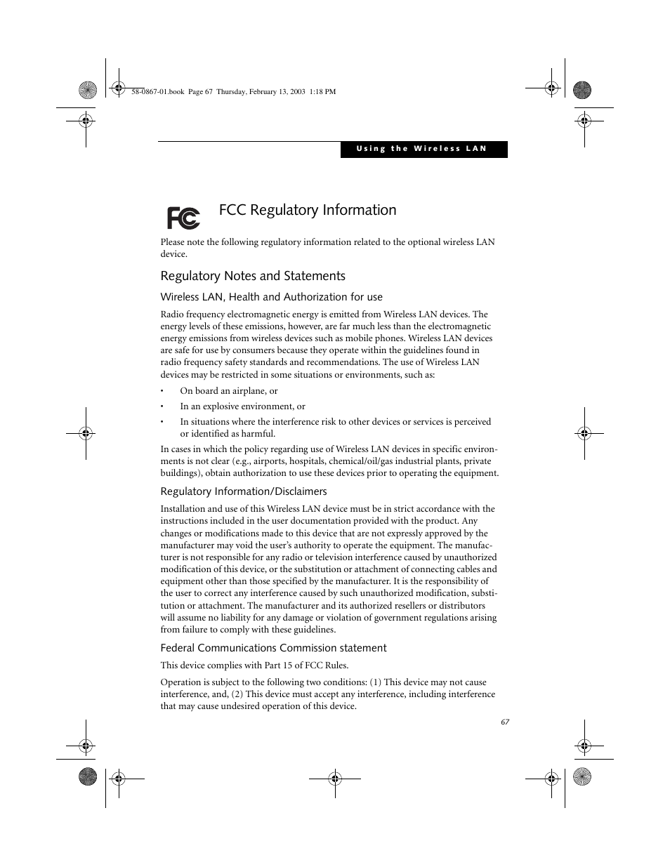 Fcc regulatory information, Regulatory notes and statements, Wireless lan, health and authorization for use | Regulatory information/disclaimers, Federal communications commission statement, Fcc regulatory information 2 | FUJITSU LT800P User Manual | Page 69 / 102
