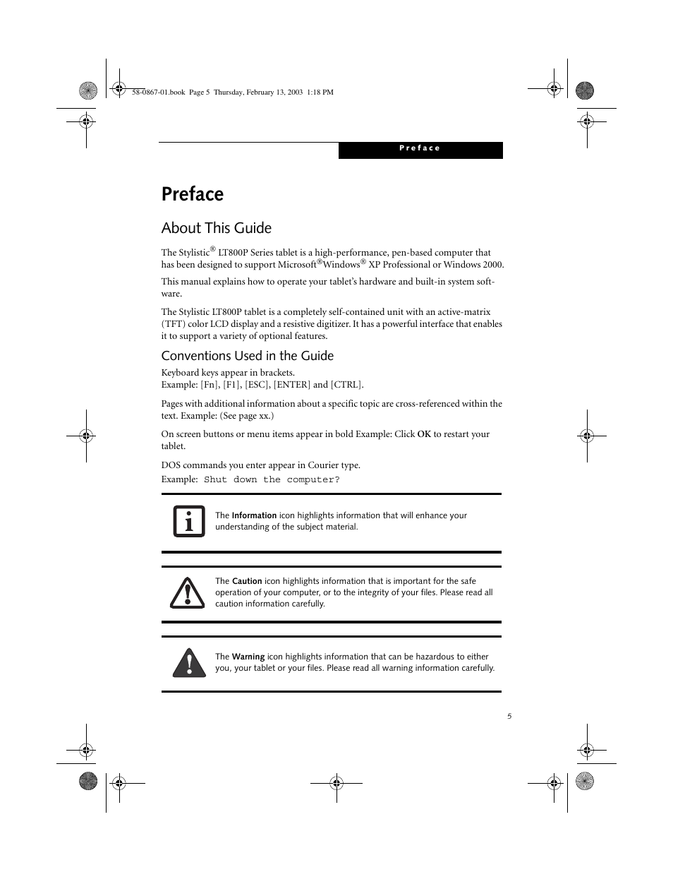 About this guide, Conventions used in the guide, Preface | About this guide 0, Conventions used in the guide 0 | FUJITSU LT800P User Manual | Page 7 / 102