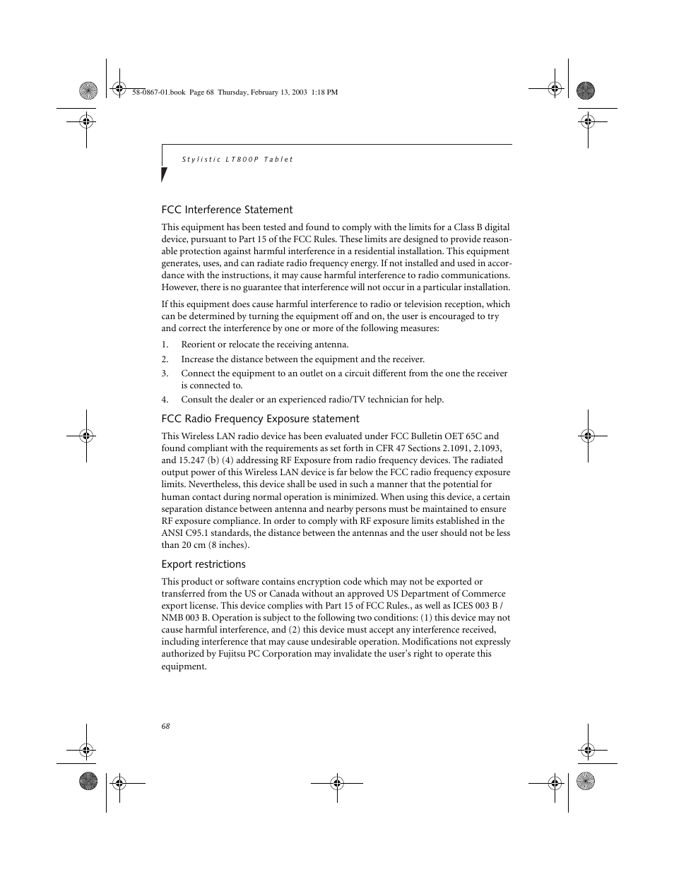 Fcc interference statement, Fcc radio frequency exposure statement, Export restrictions | FUJITSU LT800P User Manual | Page 70 / 102