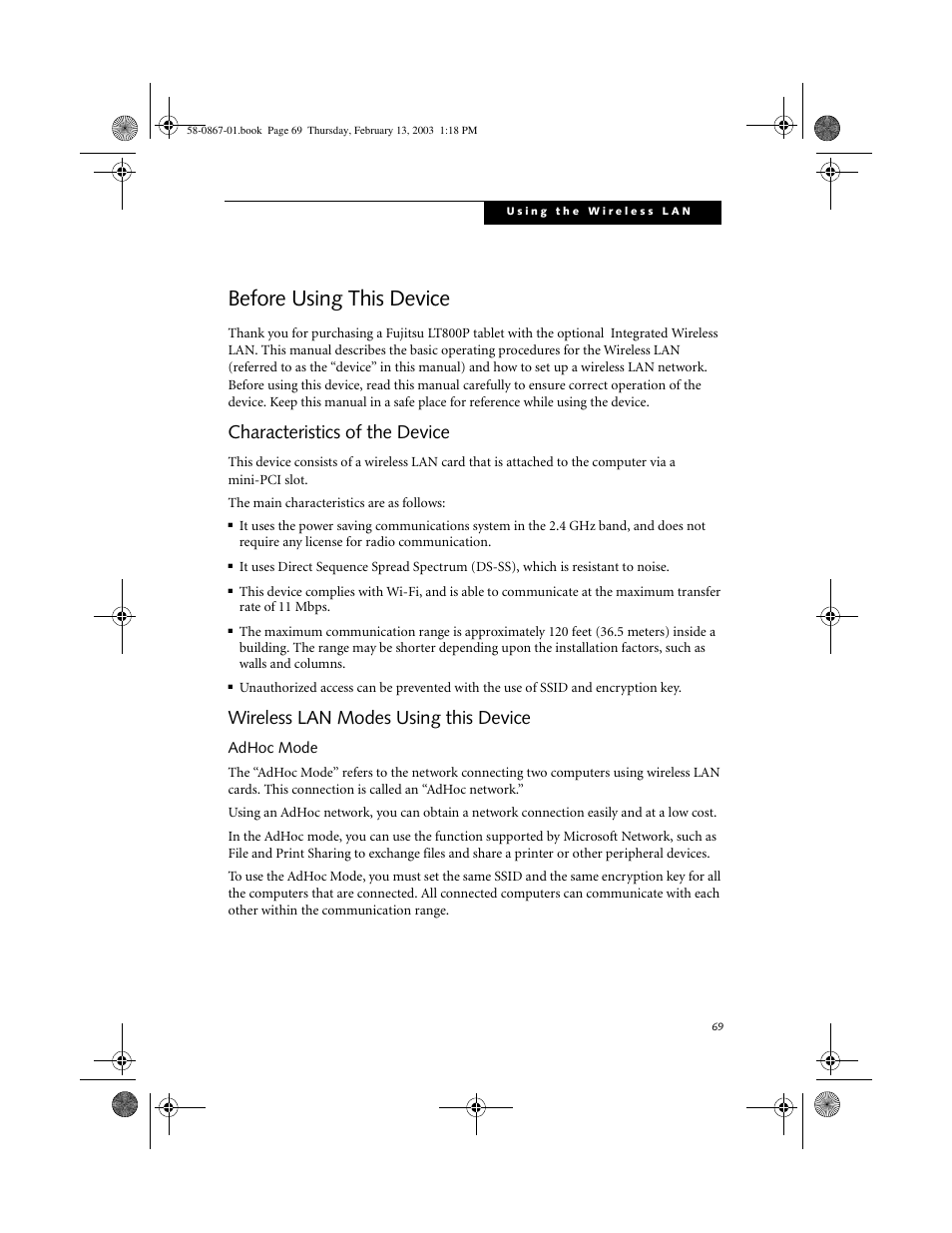 Before using this device, Characteristics of the device, Wireless lan modes using this device | Adhoc mode, Before using this device 2, Characteristics of the device 2, Wireless lan modes using this device 2 | FUJITSU LT800P User Manual | Page 71 / 102