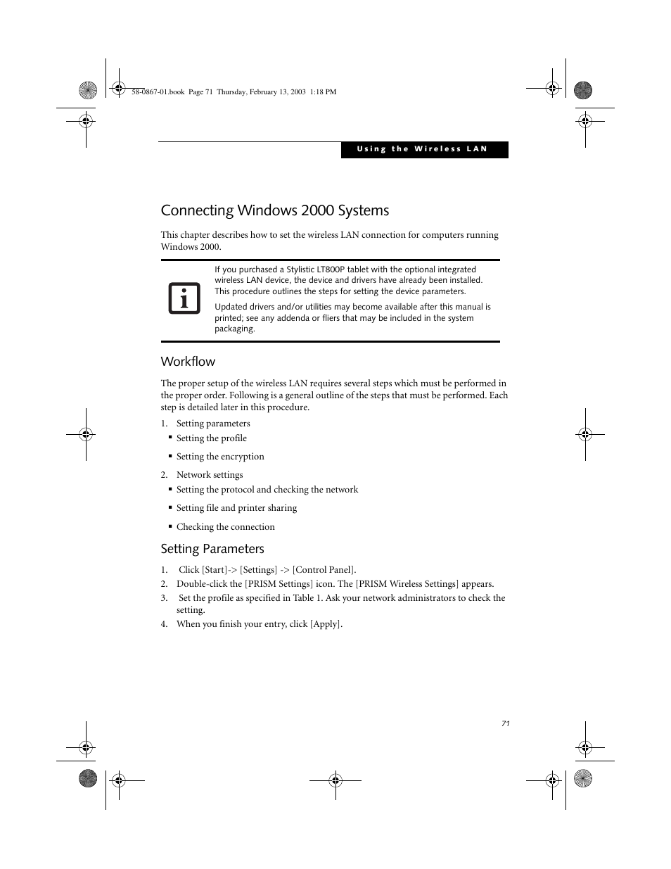 Connecting windows 2000 systems, Workflow, Setting parameters | Workflow 2, Setting parameters 2 | FUJITSU LT800P User Manual | Page 73 / 102