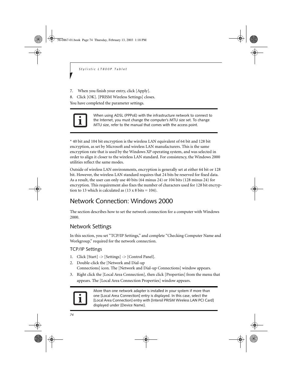 Network connection: windows 2000, Network settings, Tcp/ip settings | Network settings 2 | FUJITSU LT800P User Manual | Page 76 / 102