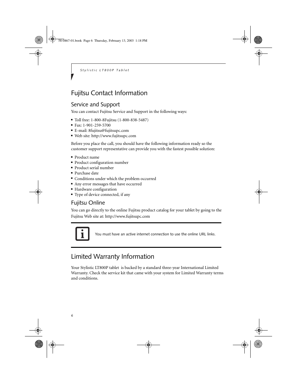 Fujitsu contact information, Service and support, Fujitsu online | Limited warranty information, Warranty information, Fujitsu contact information 0, Limited warranty information 0, Service and support 0, Fujitsu online 0 | FUJITSU LT800P User Manual | Page 8 / 102