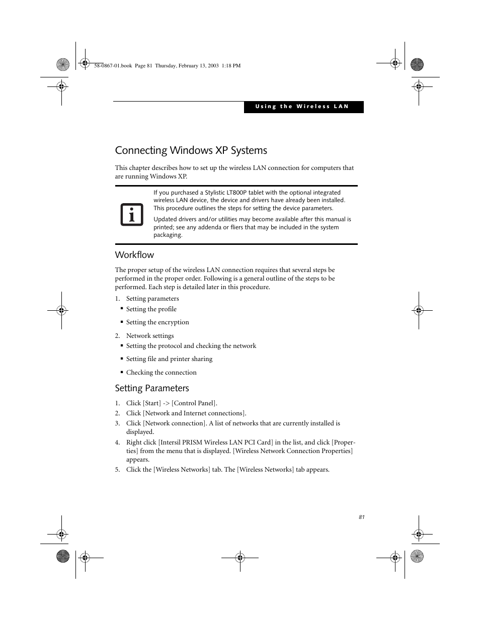 Connecting windows xp systems, Workflow, Setting parameters | Connecting windows xp systems 7, Workflow 7, Setting parameters 7 | FUJITSU LT800P User Manual | Page 83 / 102