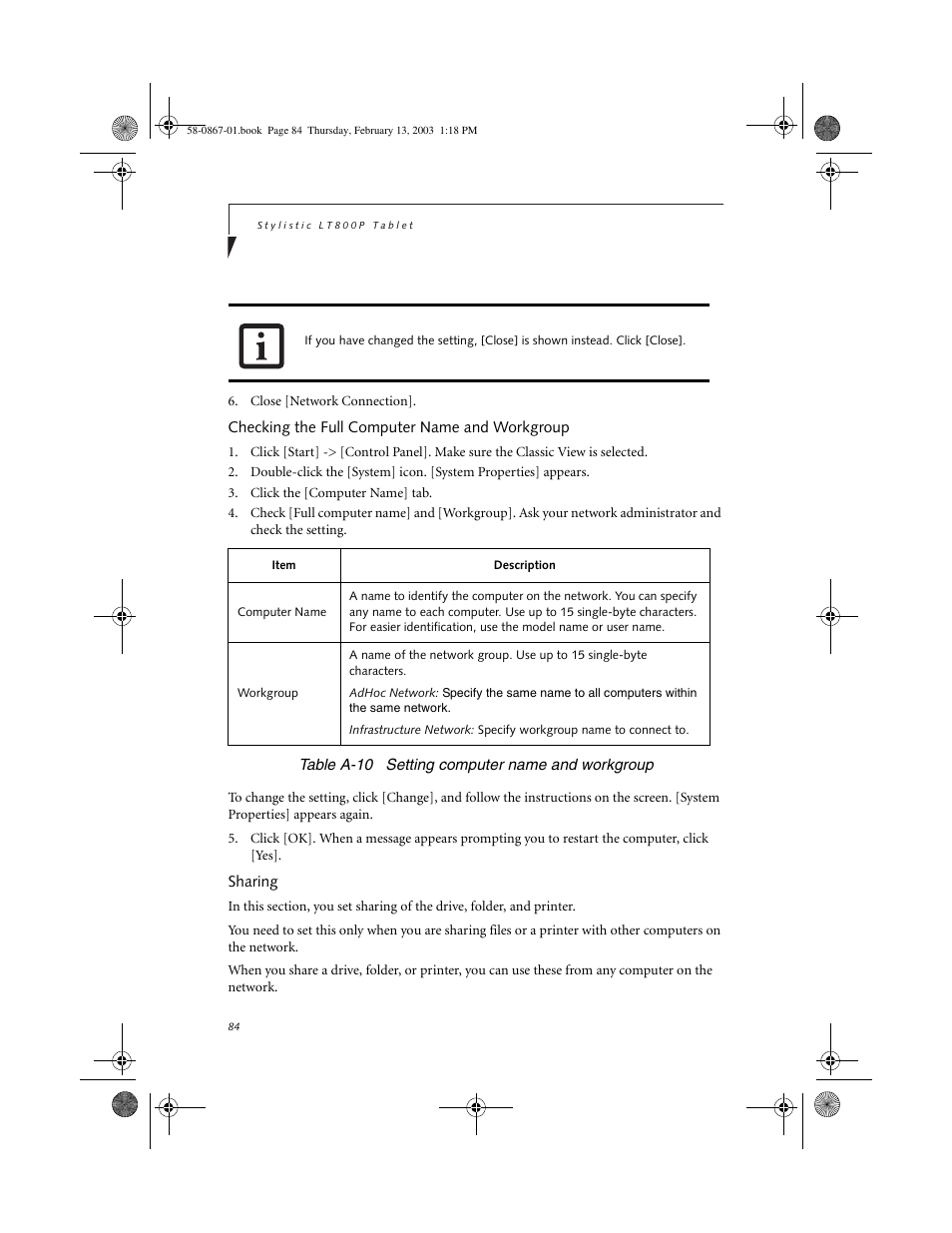 Checking the full computer name and workgroup, Sharing | FUJITSU LT800P User Manual | Page 86 / 102