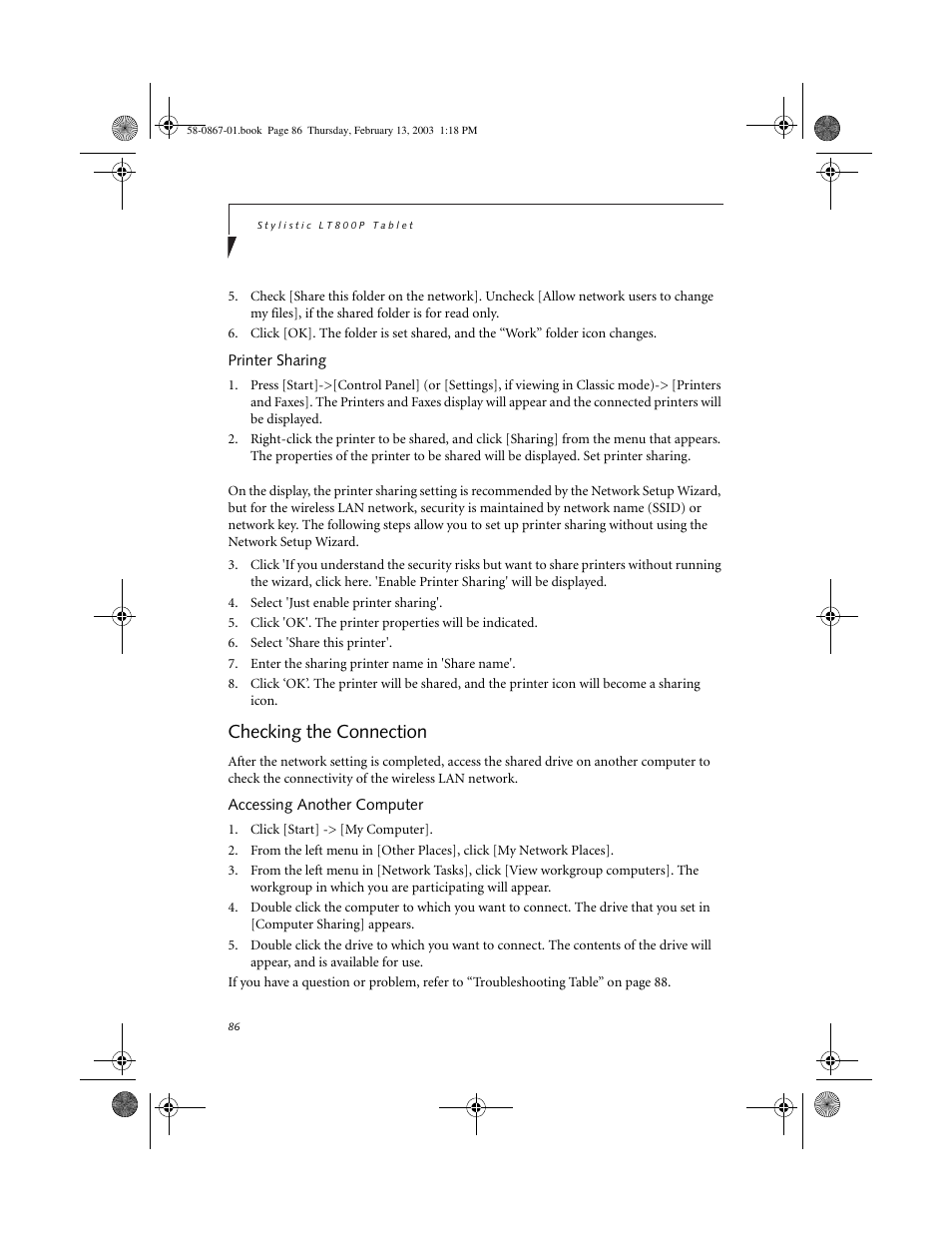 Printer sharing, Checking the connection, Accessing another computer | Checking the connection 10 | FUJITSU LT800P User Manual | Page 88 / 102