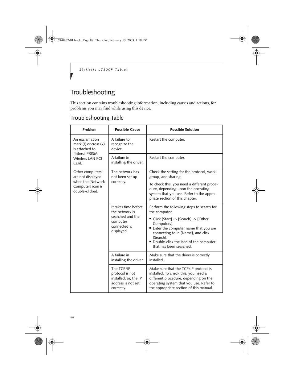 Troubleshooting, Troubleshooting table, Troubleshooting 11 | Troubleshooting table 11 | FUJITSU LT800P User Manual | Page 90 / 102