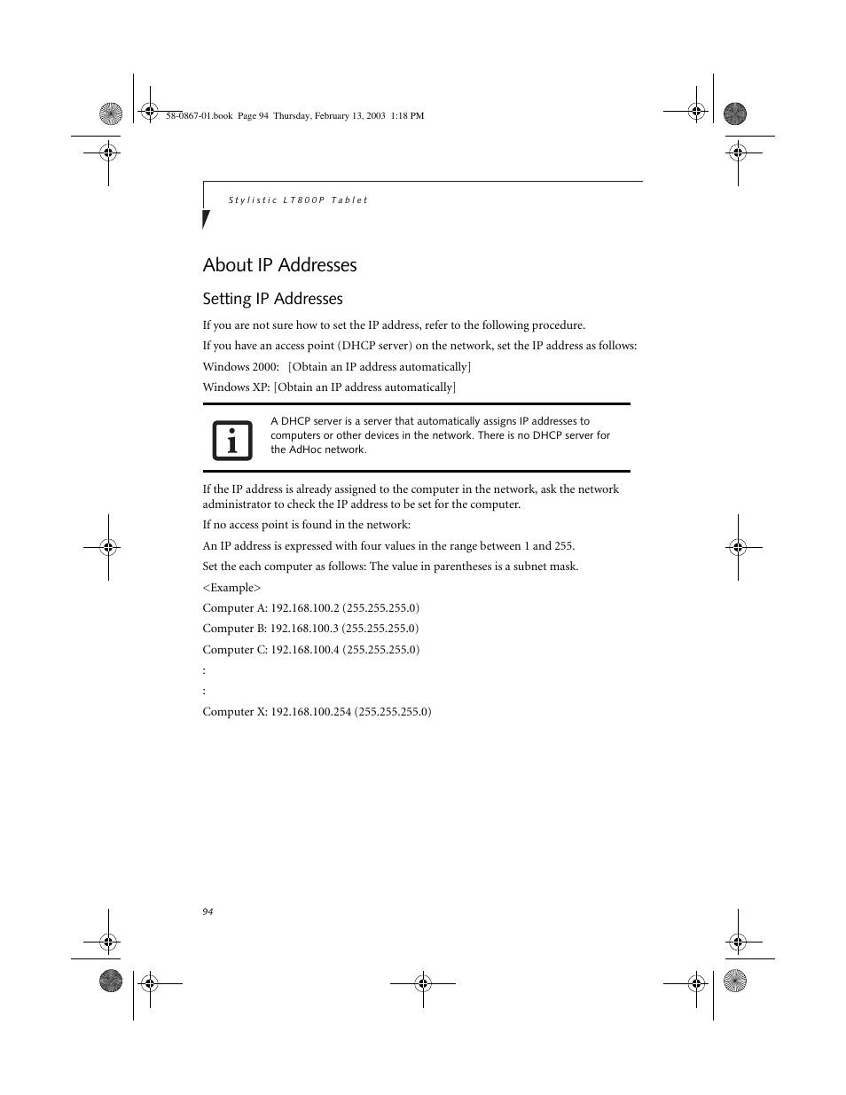 About ip addresses, Setting ip addresses, About ip addresses 11 | Setting ip addresses 11 | FUJITSU LT800P User Manual | Page 96 / 102