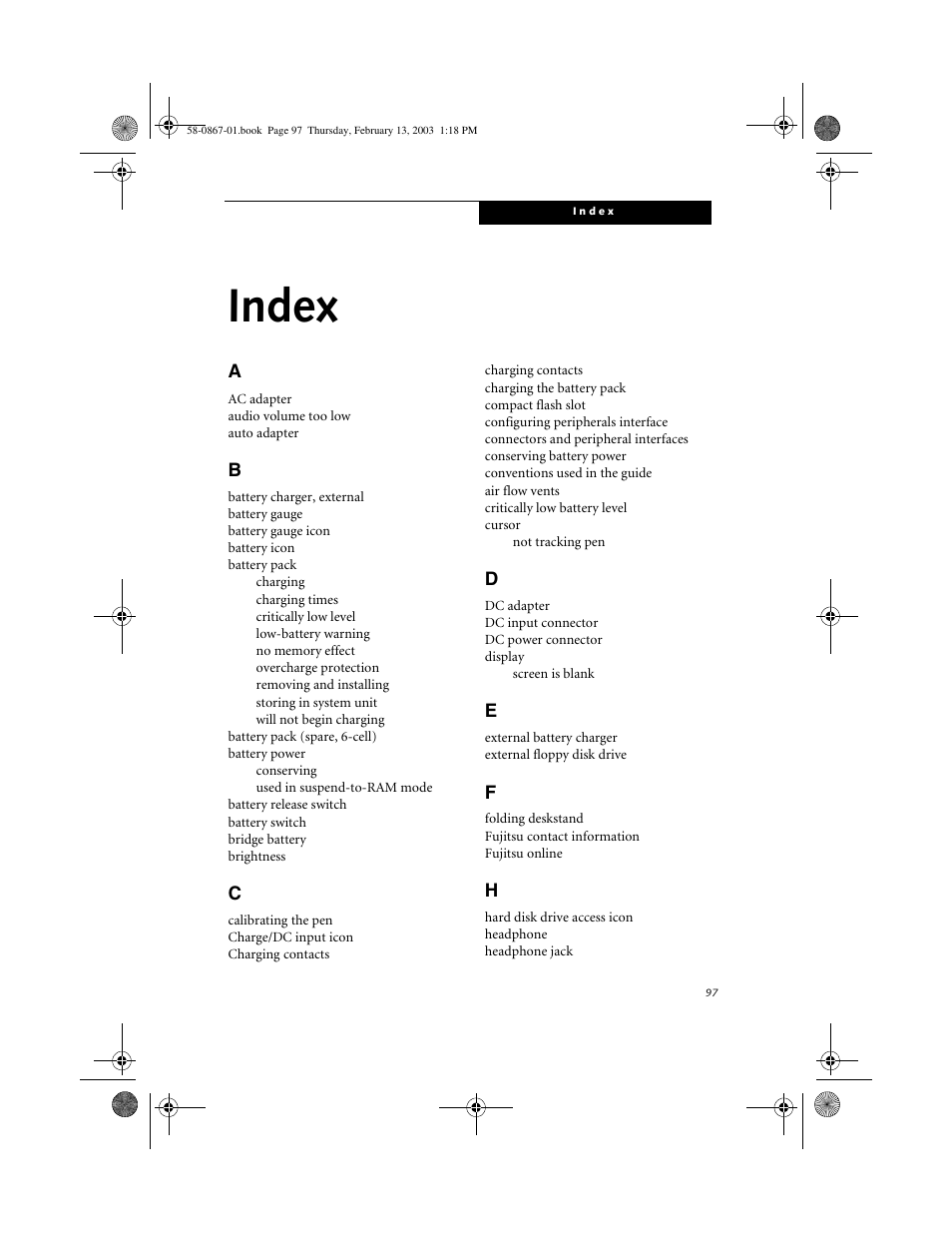 Index | FUJITSU LT800P User Manual | Page 99 / 102