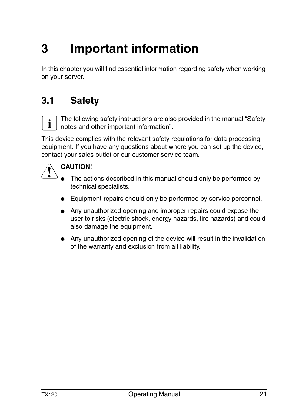 Important information, Safety, 3important information | 1 safety | FUJITSU TX120 User Manual | Page 21 / 82