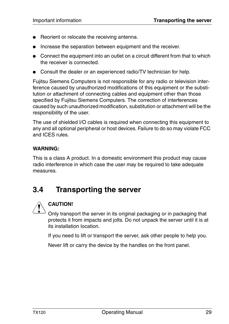 Transporting the server, 4 transporting the server | FUJITSU TX120 User Manual | Page 29 / 82