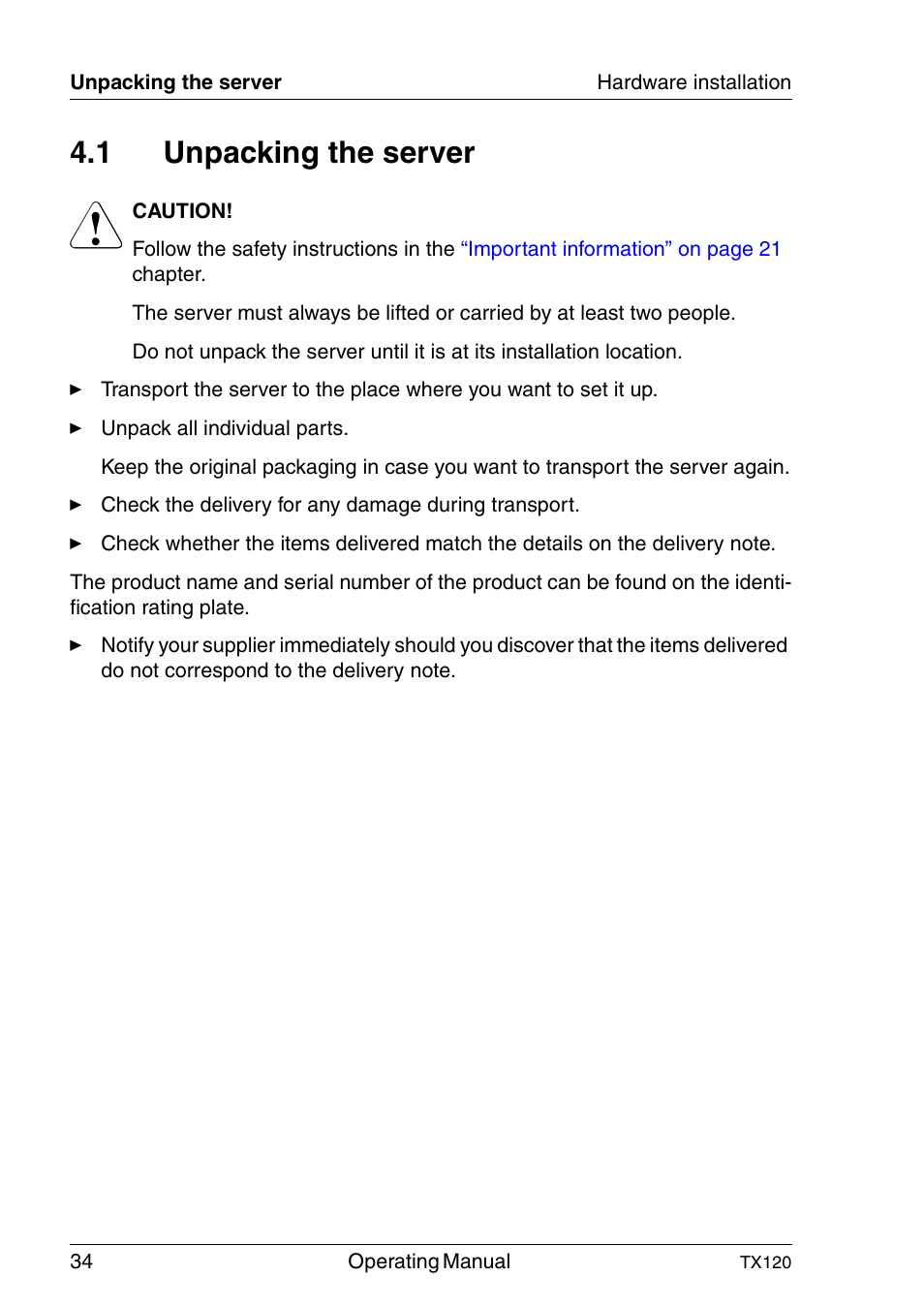 Unpacking the server, 1 unpacking the server | FUJITSU TX120 User Manual | Page 34 / 82