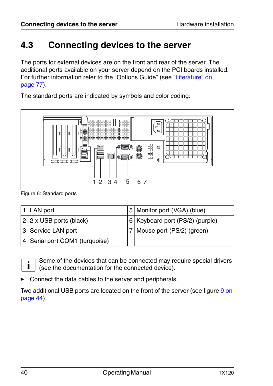 Connecting devices to the server, Connecting devices, 3 connecting devices to the server | FUJITSU TX120 User Manual | Page 40 / 82