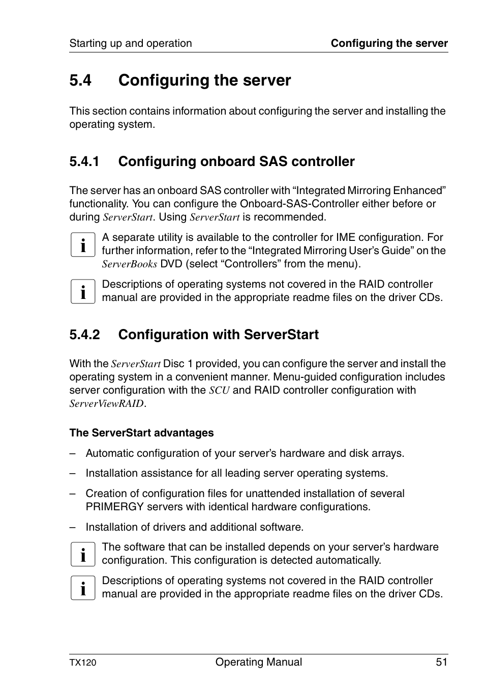 Configuring the server, Configuring onboard sas controller, Configuration with serverstart | Configuration, Or s, Section “configuring onboard, 4 configuring the server | FUJITSU TX120 User Manual | Page 51 / 82