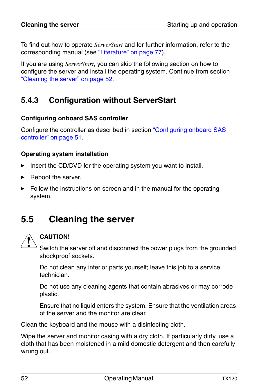 Configuration without serverstart, Cleaning the server, Configu | Section “configuration without server, 5 cleaning the server, 3 configuration without serverstart | FUJITSU TX120 User Manual | Page 52 / 82