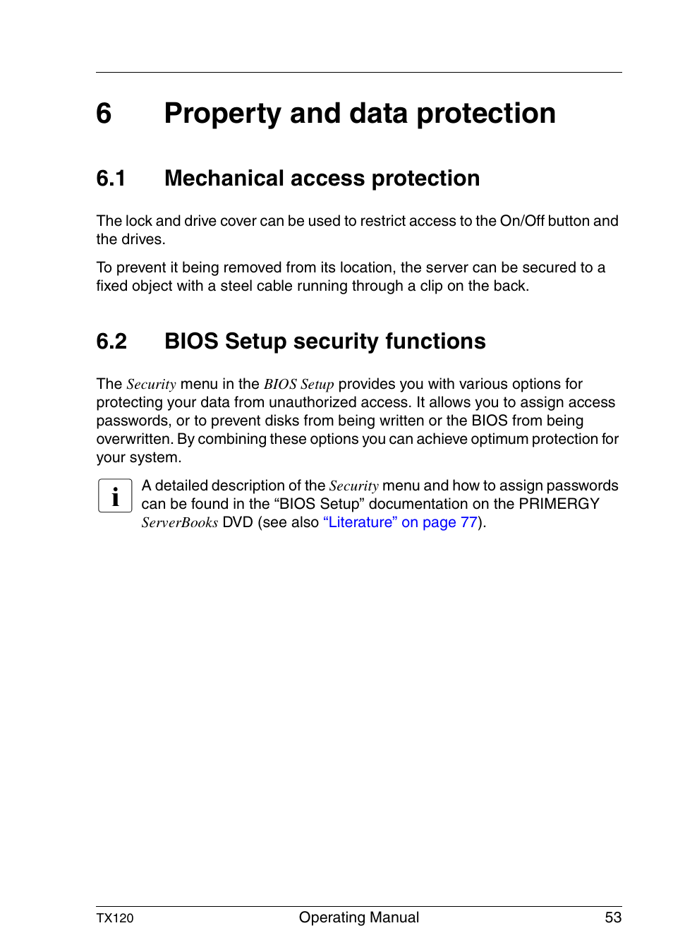 Property and data protection, Mechanical access protection, Bios setup security functions | 6property and data protection, 1 mechanical access protection, 2 bios setup security functions | FUJITSU TX120 User Manual | Page 53 / 82