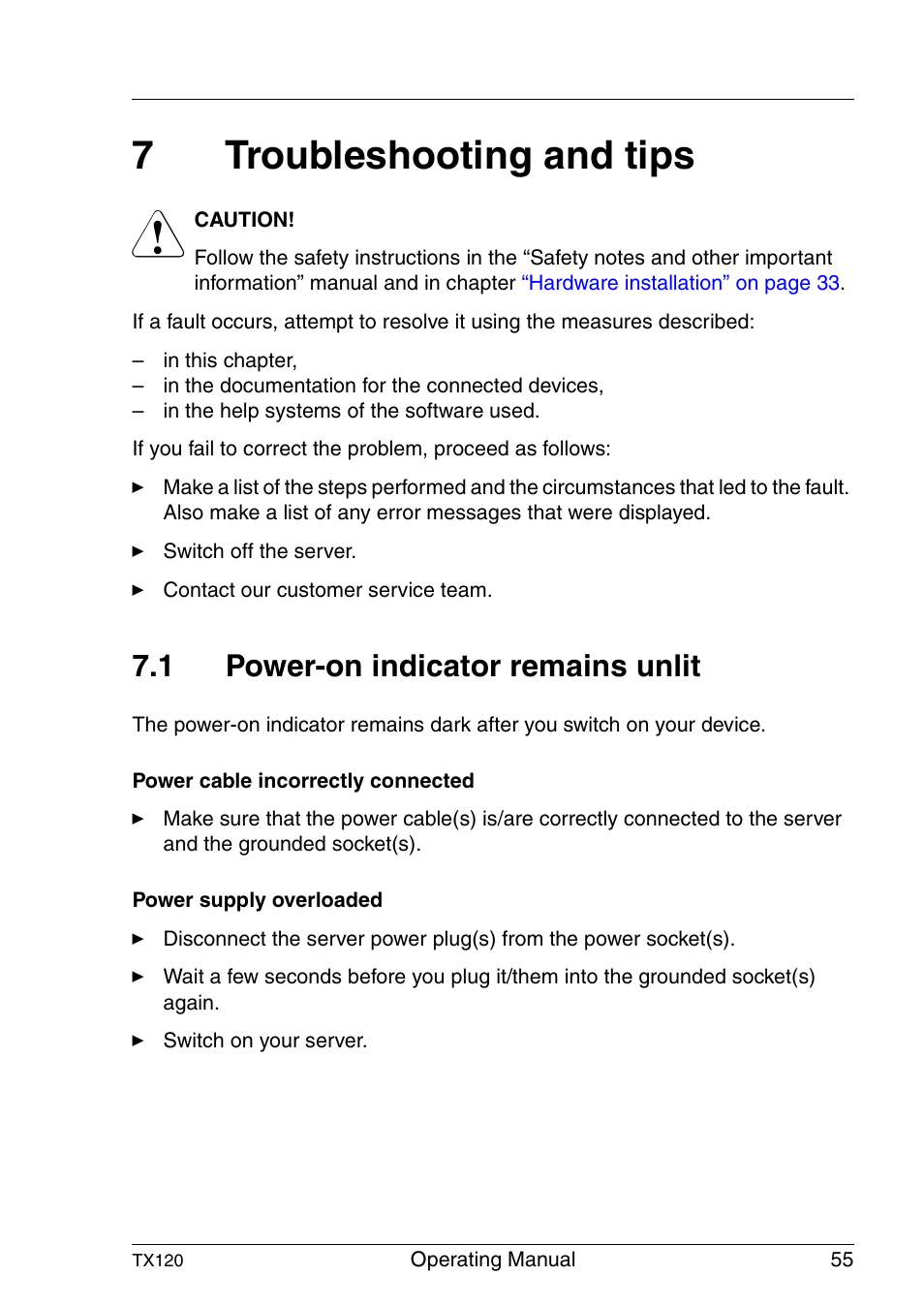 Troubleshooting and tips, Power-on indicator remains unlit, 7troubleshooting and tips | 1 power-on indicator remains unlit | FUJITSU TX120 User Manual | Page 55 / 82
