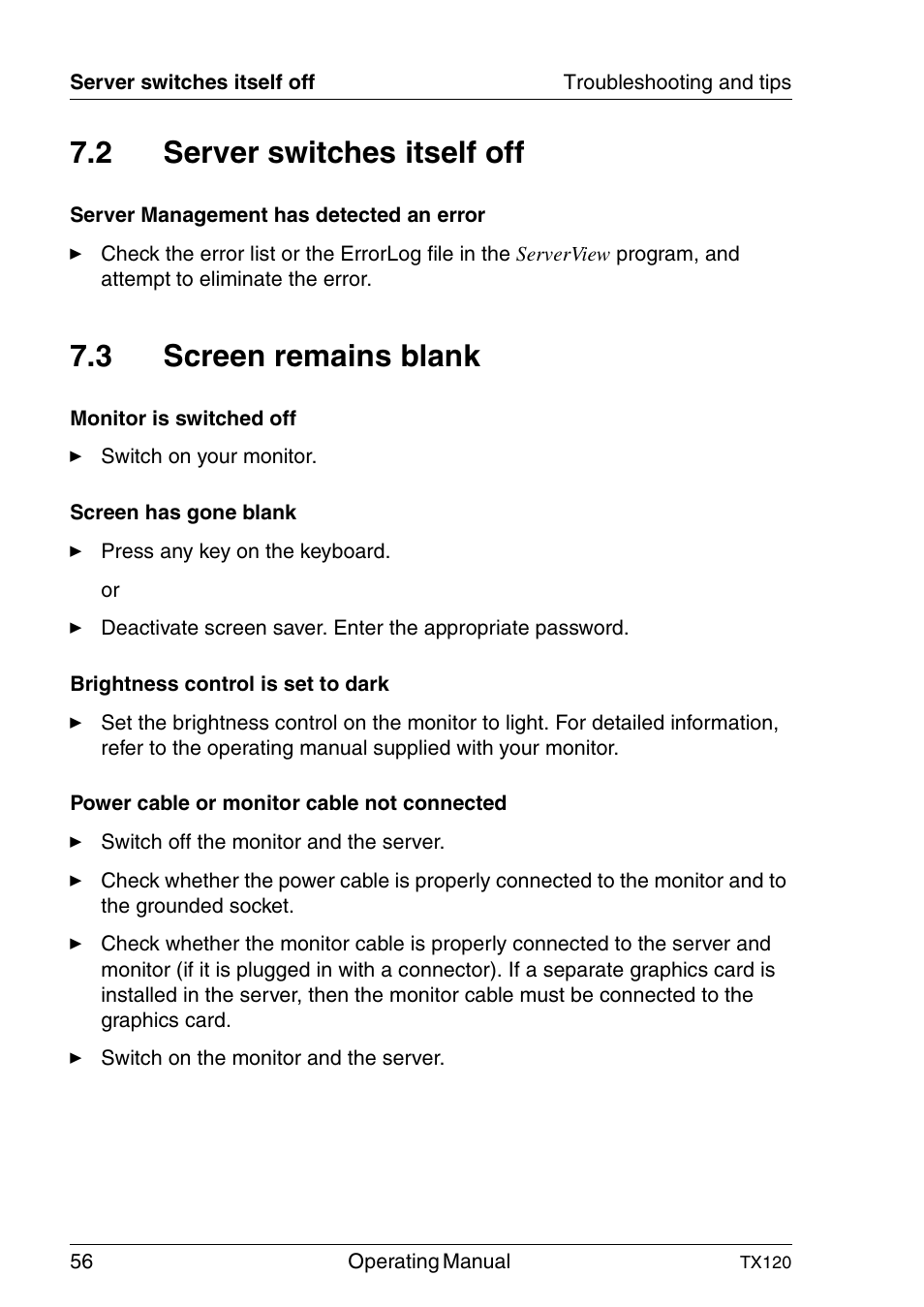 Server switches itself off, Screen remains blank, 2 server switches itself off | 3 screen remains blank | FUJITSU TX120 User Manual | Page 56 / 82