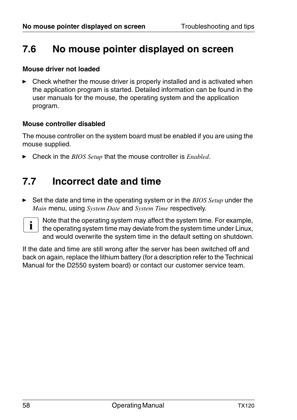 No mouse pointer displayed on screen, Incorrect date and time, 6 no mouse pointer displayed on screen | 7 incorrect date and time | FUJITSU TX120 User Manual | Page 58 / 82