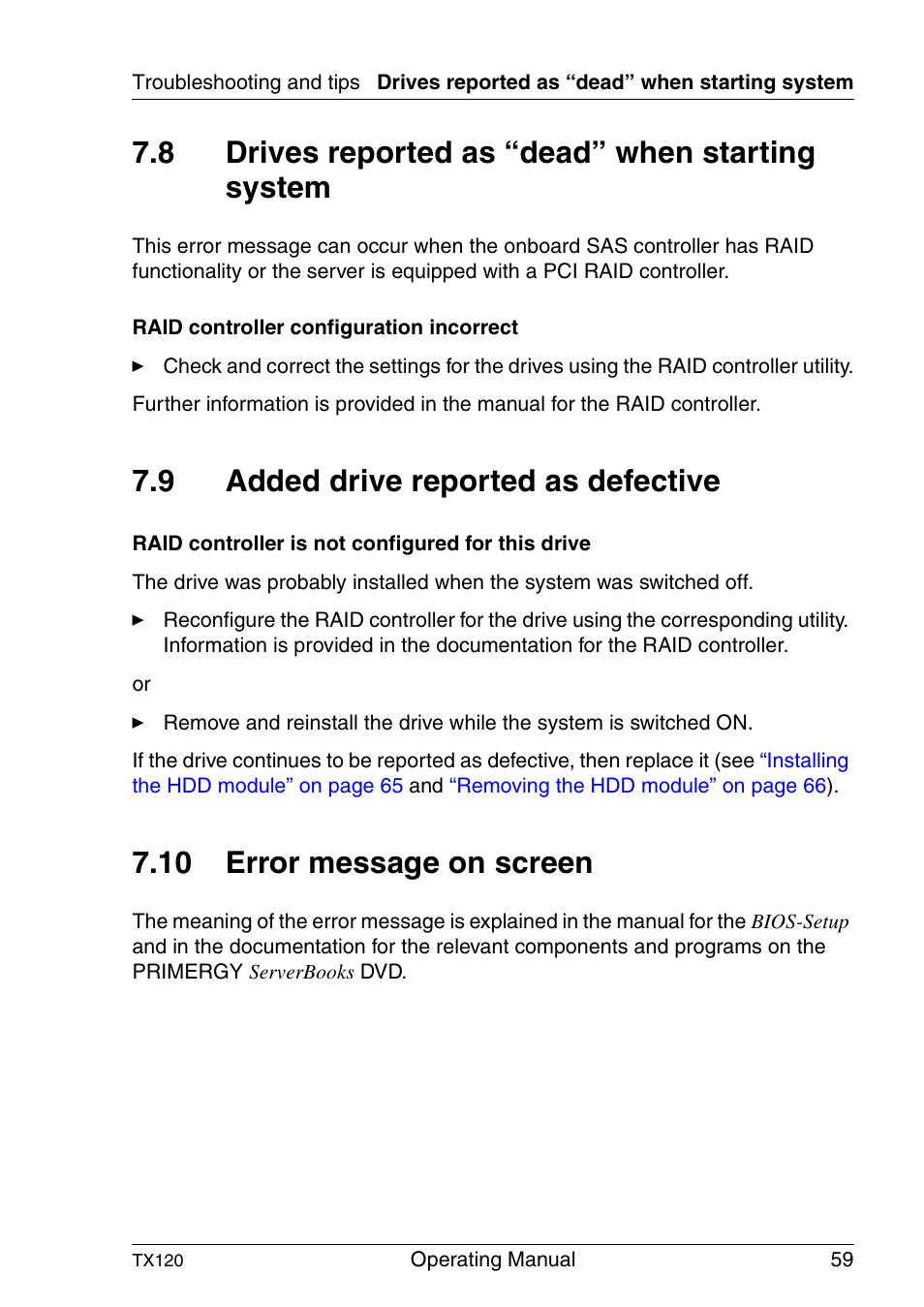 Drives reported as “dead” when starting system, Added drive reported as defective, Error message on screen | 8 drives reported as “dead” when starting system, 9 added drive reported as defective, 10 error message on screen | FUJITSU TX120 User Manual | Page 59 / 82