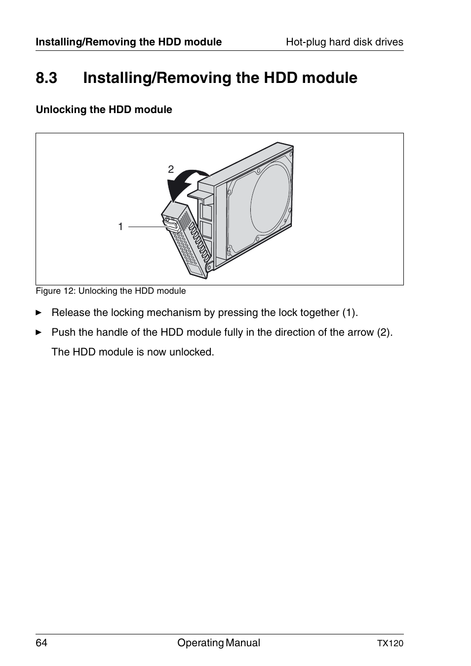 Installing/removing the hdd module, 3 installing/removing the hdd module | FUJITSU TX120 User Manual | Page 64 / 82