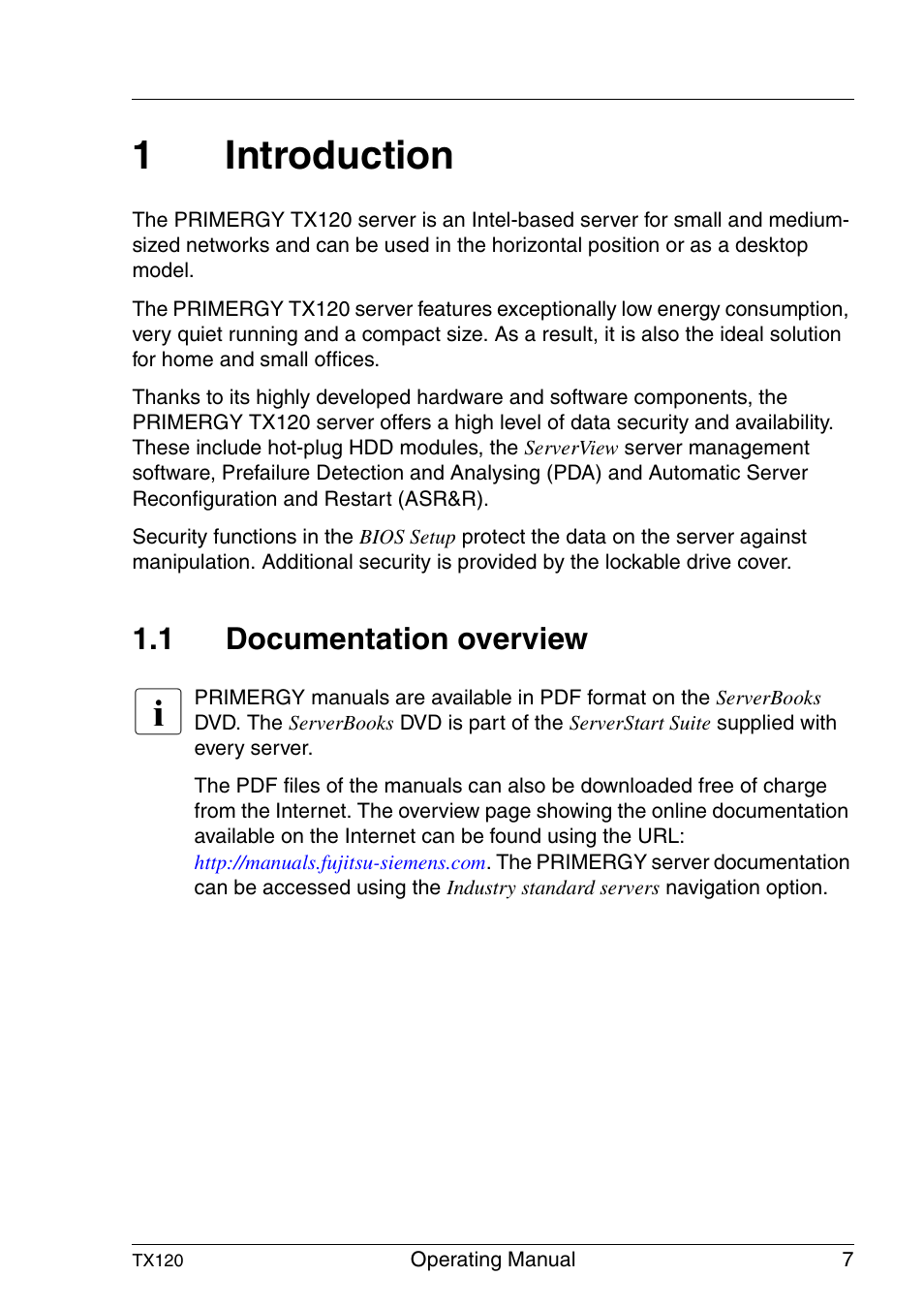Introduction, Documentation overview, 1introduction | 1 documentation overview | FUJITSU TX120 User Manual | Page 7 / 82