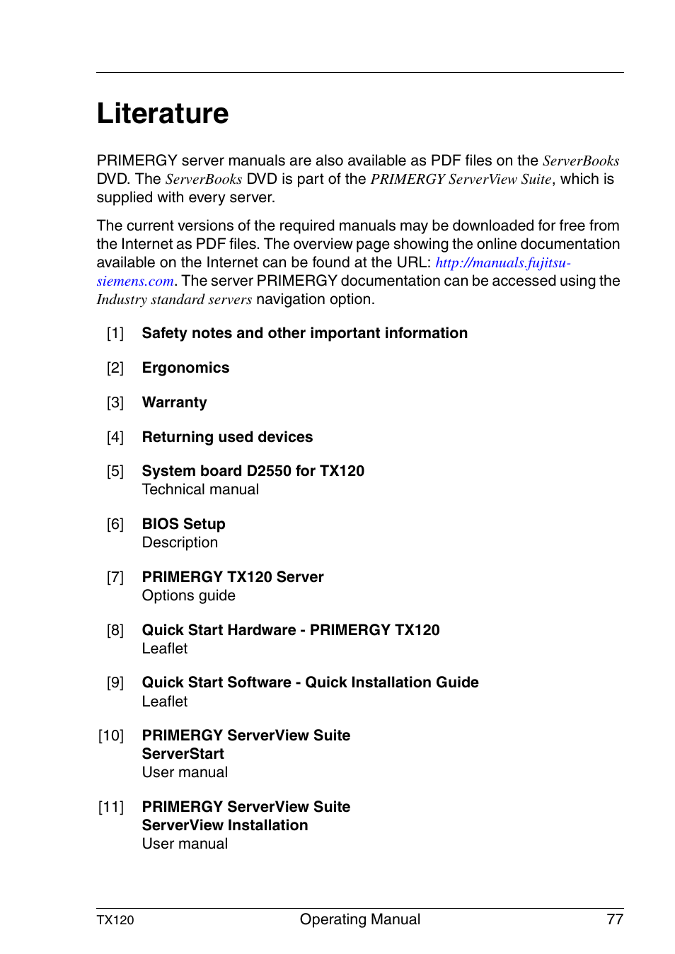 Literature, Literature” on | FUJITSU TX120 User Manual | Page 77 / 82