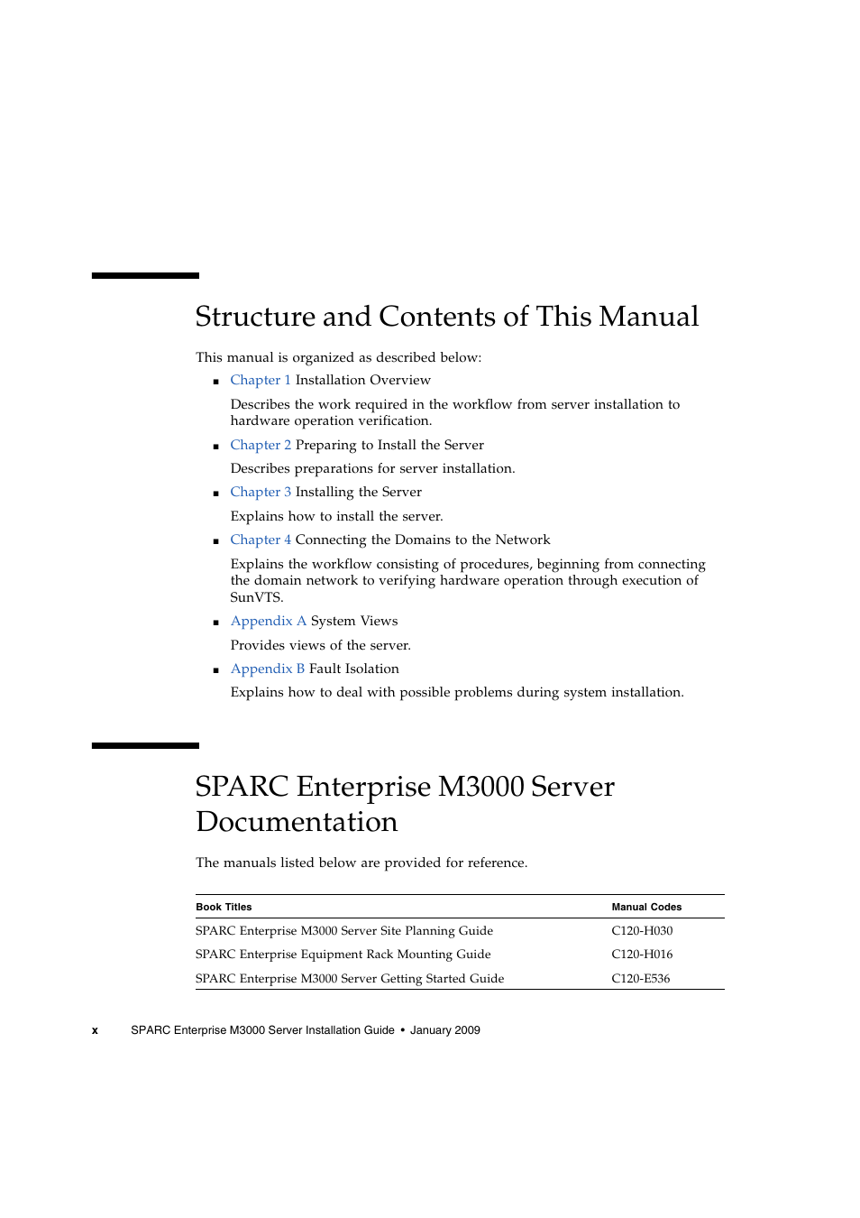 Sparc enterprise m3000 server documentation” on, Structure and contents of this manual, Sparc enterprise m3000 server documentation | FUJITSU M3000 User Manual | Page 12 / 76
