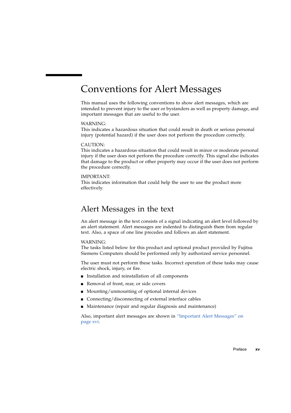 Conventions for alert messages, Alert messages in the text | FUJITSU M3000 User Manual | Page 17 / 76