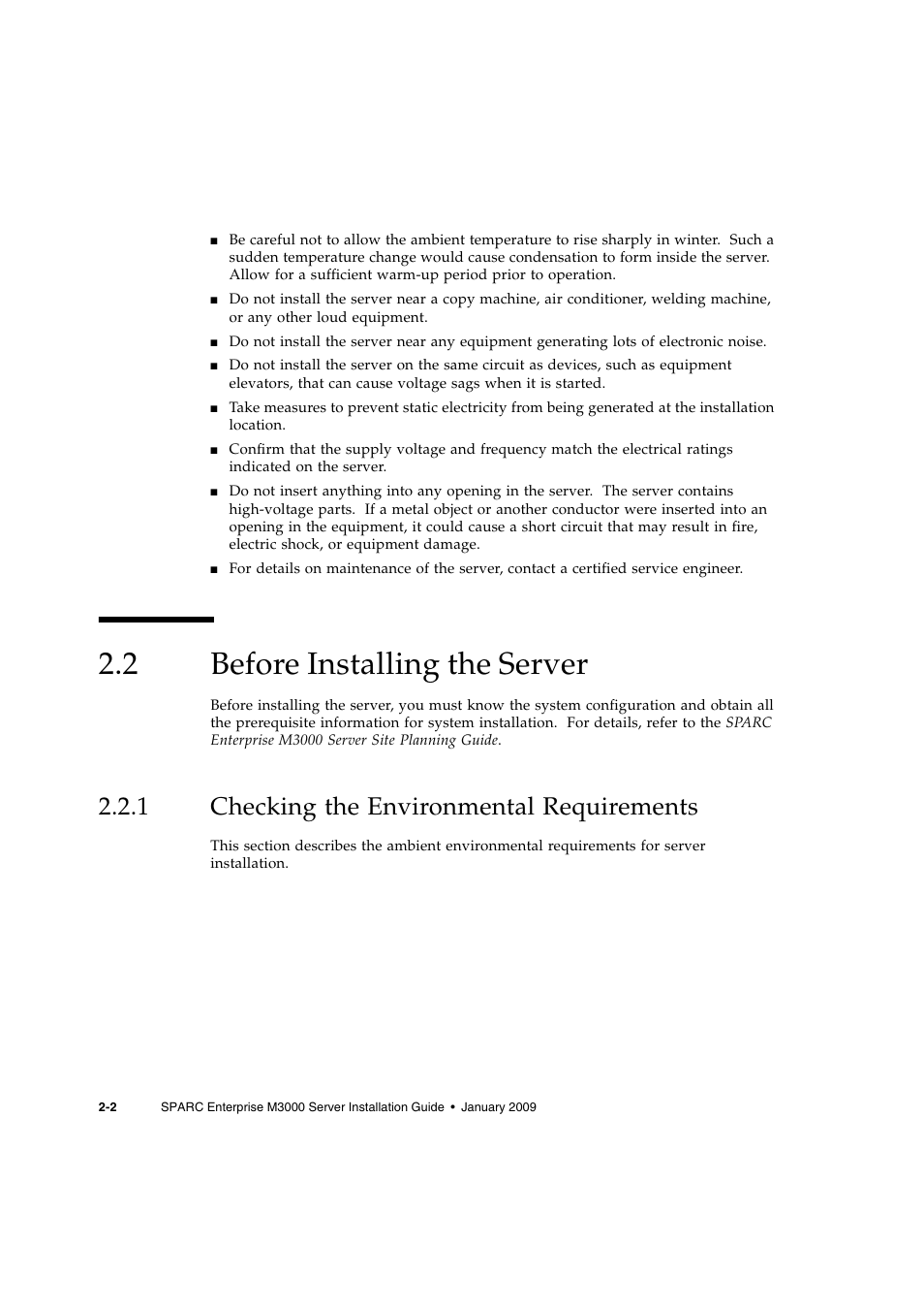 2 before installing the server, 1 checking the environmental requirements, Before installing the server | Checking the environmental requirements | FUJITSU M3000 User Manual | Page 28 / 76