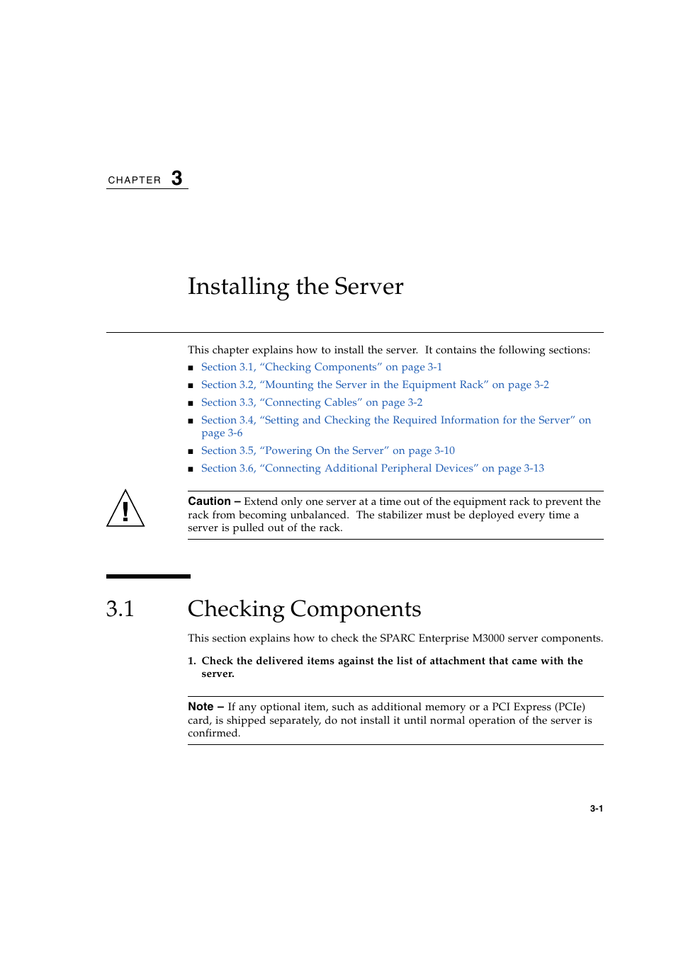 Installing the server, 1 checking components, Checking components | Chapter 3 | FUJITSU M3000 User Manual | Page 35 / 76
