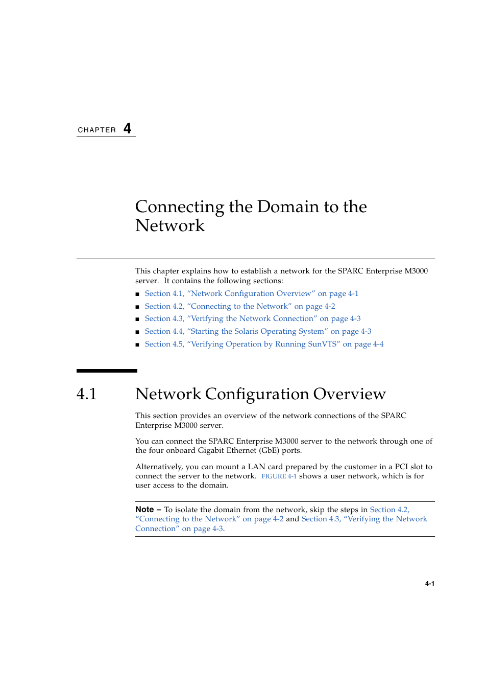 Connecting the domain to the network, 1 network configuration overview, Network configuration overview | Chapter 4 | FUJITSU M3000 User Manual | Page 49 / 76