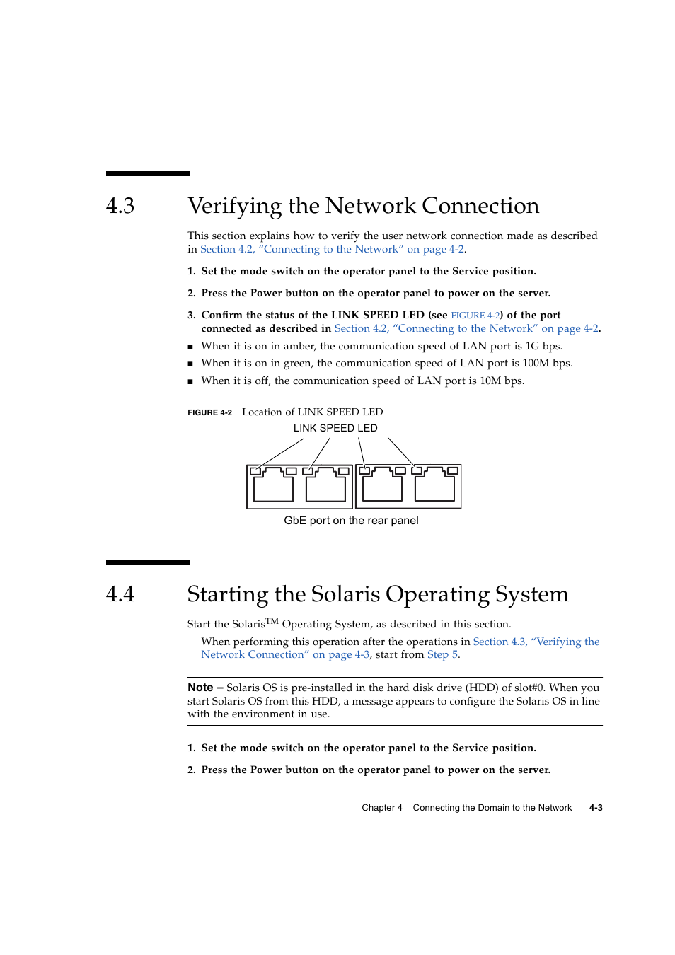 3 verifying the network connection, 4 starting the solaris operating system, Verifying the network connection | Starting the solaris operating system, Section 4.3, “verifying the network | FUJITSU M3000 User Manual | Page 51 / 76