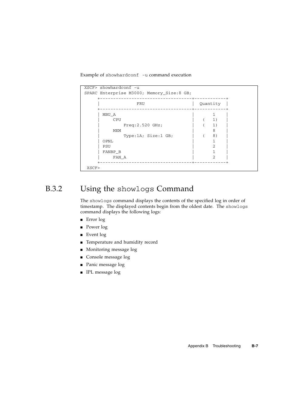 B.3.2 using the showlogs command, B.3.2, Using the showlogs command | FUJITSU M3000 User Manual | Page 71 / 76