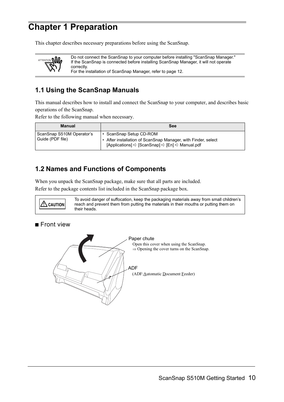 Chapter 1 preparation, 1 using the scansnap manuals, 2 names and functions of components | Front view | FUJITSU SCANSNAP S510M User Manual | Page 11 / 35