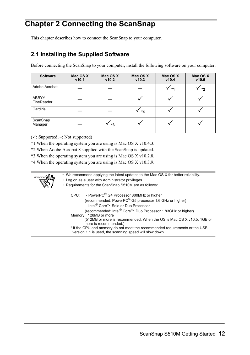 Chapter 2 connecting the scansnap, 1 installing the supplied software | FUJITSU SCANSNAP S510M User Manual | Page 13 / 35