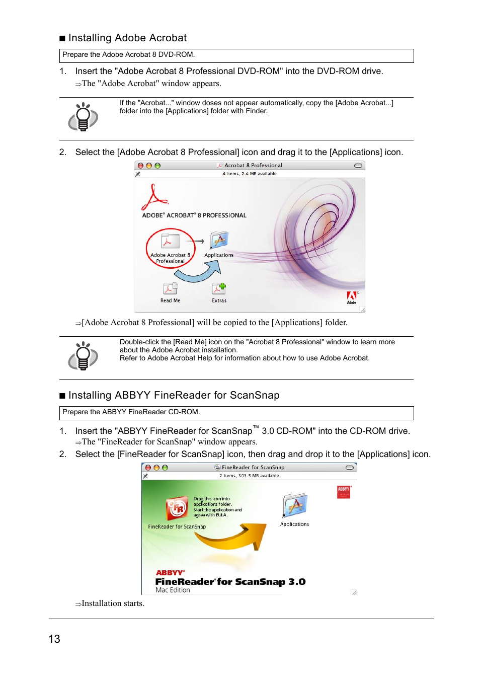 Installing adobe acrobat, Installing abbyy finereader for scansnap | FUJITSU SCANSNAP S510M User Manual | Page 14 / 35