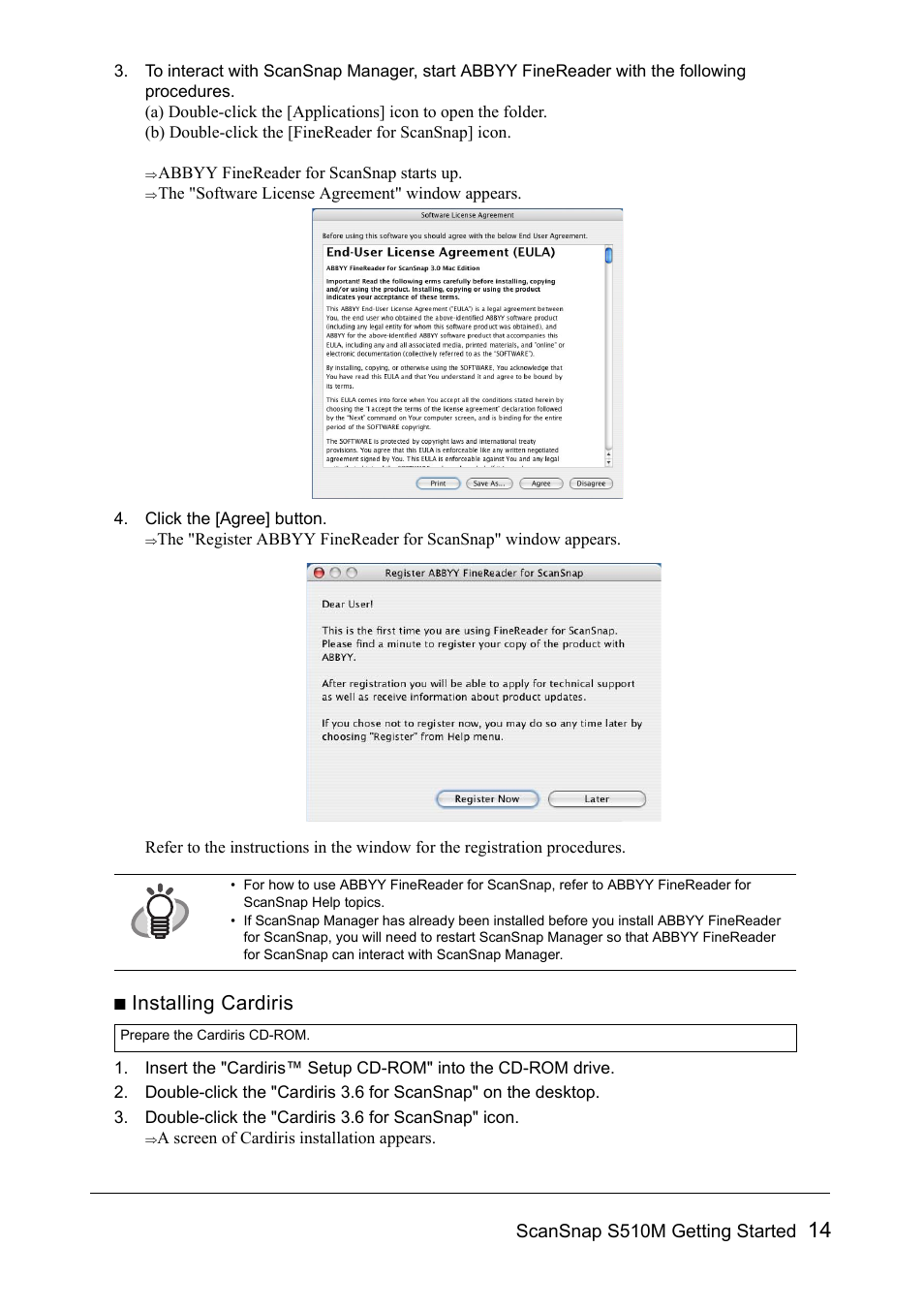 Installing cardiris, Scansnap s510m getting started | FUJITSU SCANSNAP S510M User Manual | Page 15 / 35