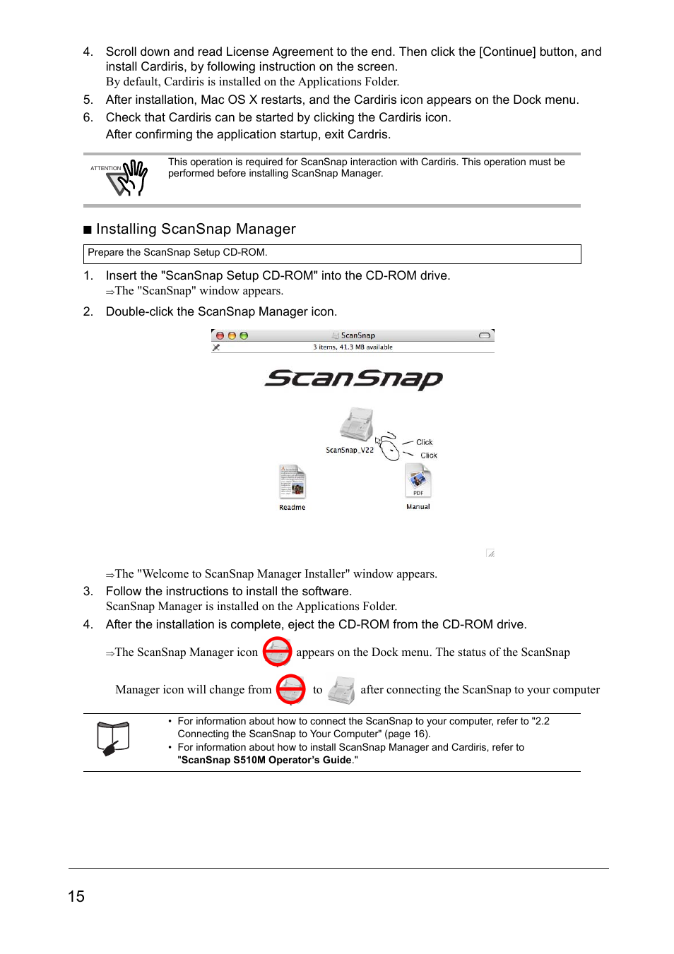 Installing scansnap manager | FUJITSU SCANSNAP S510M User Manual | Page 16 / 35